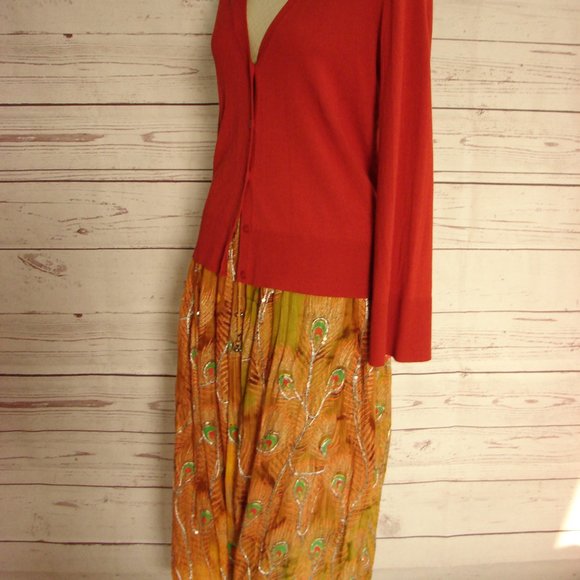 Brown Green Orange Yellow Sequin Peacock Skirt - Picture 2 of 16